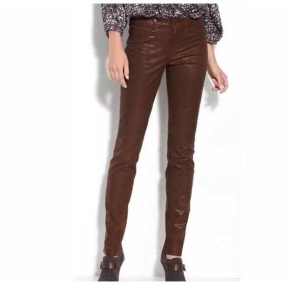 NWT J BRAND Japanese Luxe Twill Brown Pencil Leg Wax Coated Low Rise Jeans SZ 28 - Picture 1 of 9
